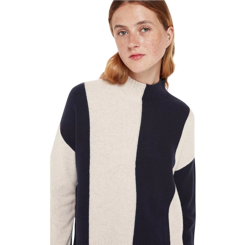 WHISTLES 100% Wool Vertical Stripe Funnel Mock Neck Sweater Colorblock Navy M